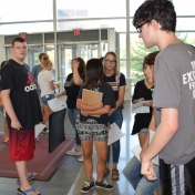 Model Lab students arrive and gather in Science Building atrium