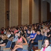 Model Laboratory students gather in the Auditorium for Dr. Prater's talk